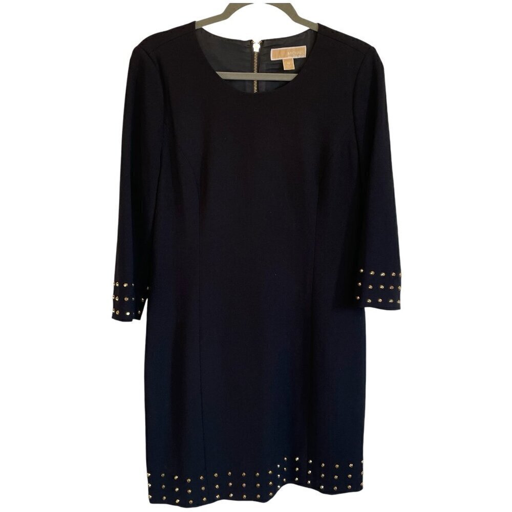 Michael Kors Black 3/4 Sleeve Structured Dress Gold Stud Sz 10 City Party Modern